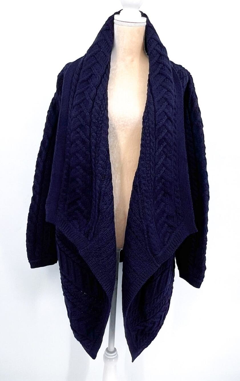 ARAN CRAFTS Women's Waterfall Shawl Cardigan XL Navy Blue Merino Wool NWOT